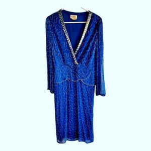 Judith Ann Creations Vintage Royal Blue Cocktail Dress w/ Silver Beading –